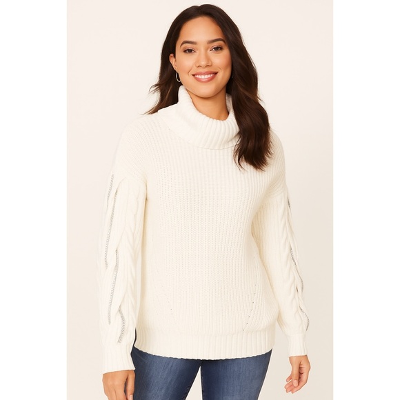 NWT INC International Concepts Cream Turtleneck Cable Knit Rhinestone Sweater - Picture 10 of 10